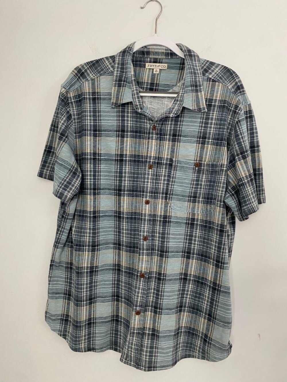 Men’s  frye & co. plaid shirt button up short sleeve blue/tan XL